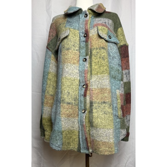 BiBi Jackets & Blazers - BiBi Brushed Plaid Women Shacket Sz L Soft Fleece Lime Multi Sold Out On Buckle